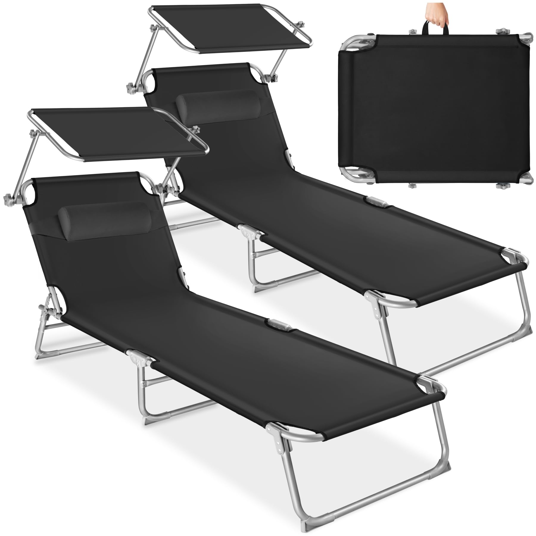 tectake® Set of 2 Folding Sun Loungers, 190 x 68 x 111 cm, Sunshade & 4-Position Backrest, Weather-Resistant & Breathable, Incl. Head Cushion & Carry Handle, Beach Chair for Garden, Camping - Black