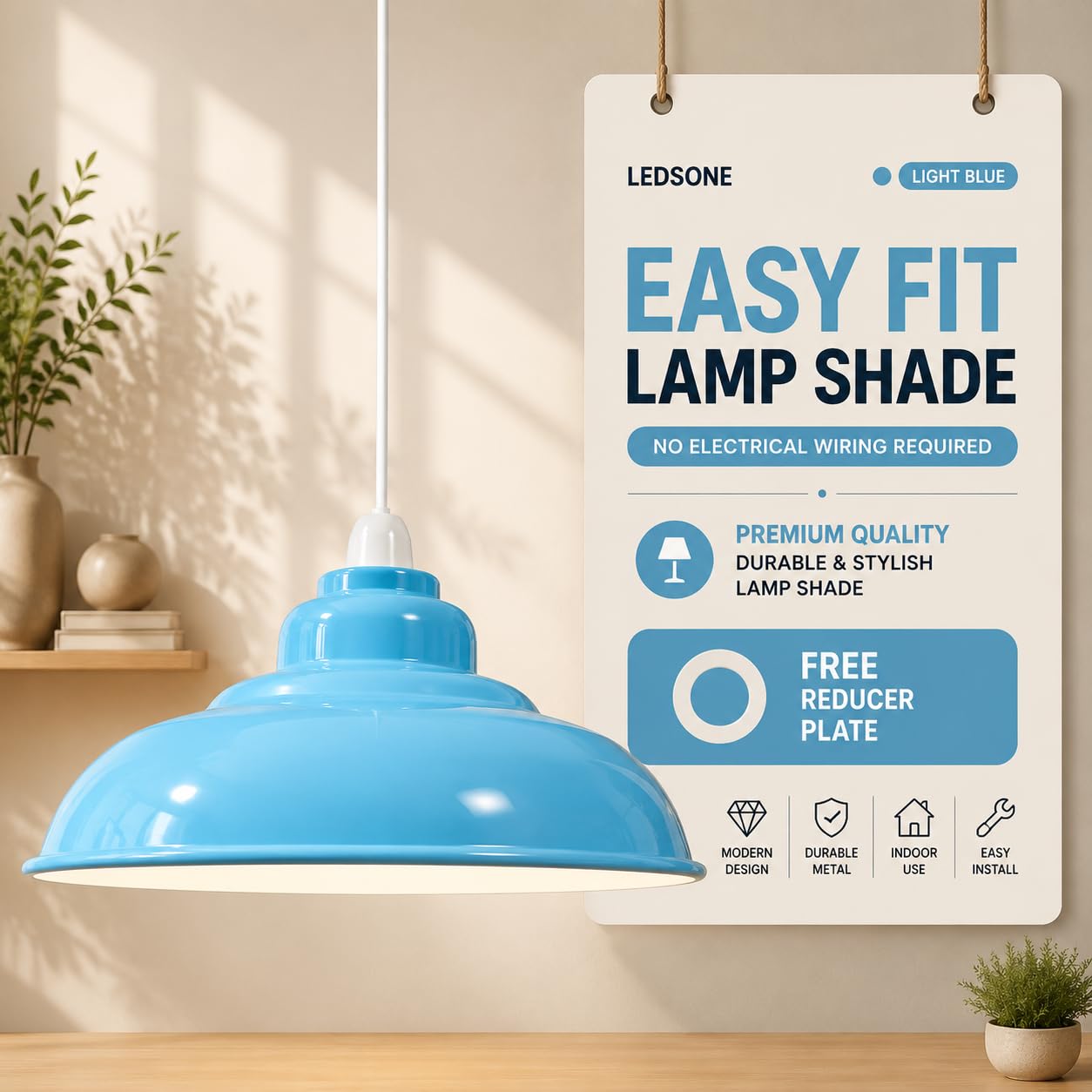 Ledsone Light Blue Retro Light Shade Ceiling, 32Cm Metal Lampshades For Ceiling Lights, Industrial Easy Fit Pendant Lamp Shades For Table Lamps, Living Room, Bedroom, Kitchen, Hallway, Home Décor