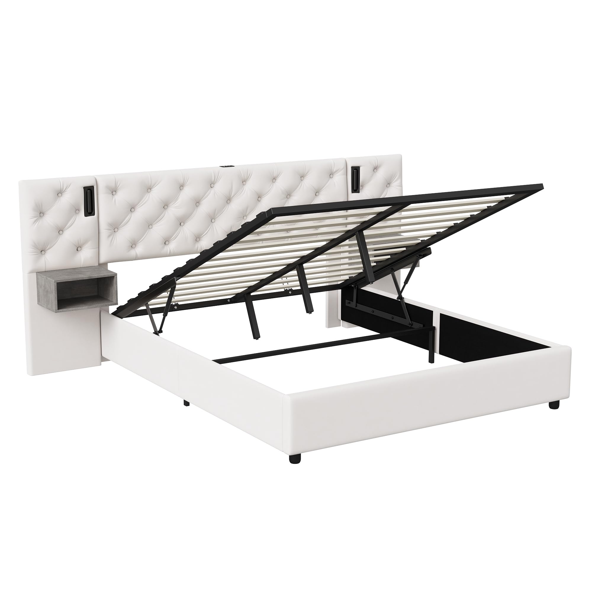 CDQL Łóżko tapicerowane 160 x 200 cm z 2 lampkami nocnymi i szufladą na stolik nocny, podwójne łóżko ze schowkiem Air-Bar, rama łóżka ze złączem USB i stelażem, łóżko funkcyjne, łóżko dla gości