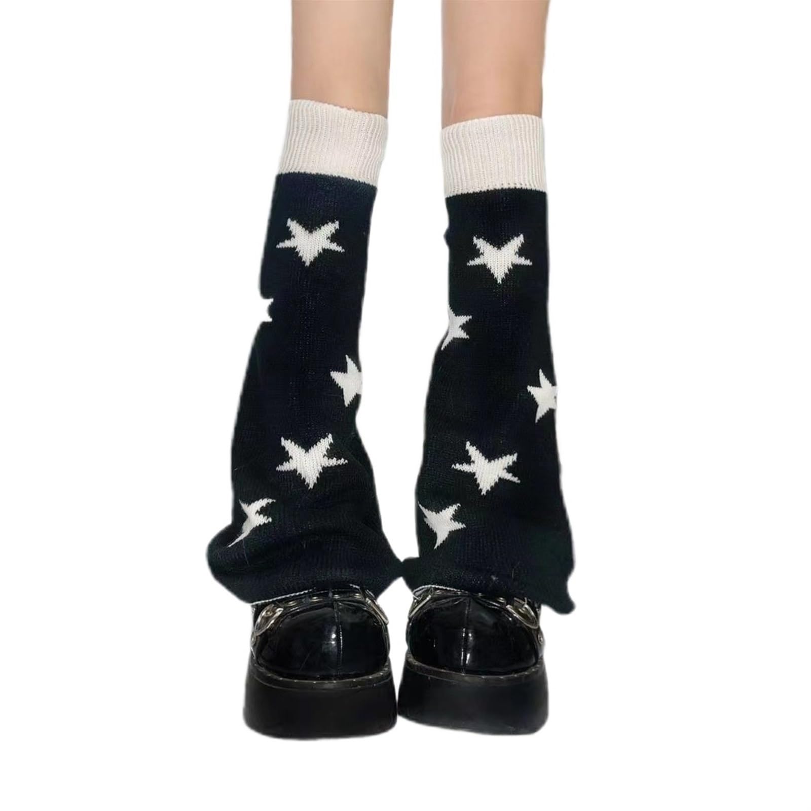 Yanrose Unisex Kids Black And White Leg Warmers Y2k Star Harajuku Kawaii Japanese Socks Goth Lolita Knit Long Socks Streetwear (Color : )