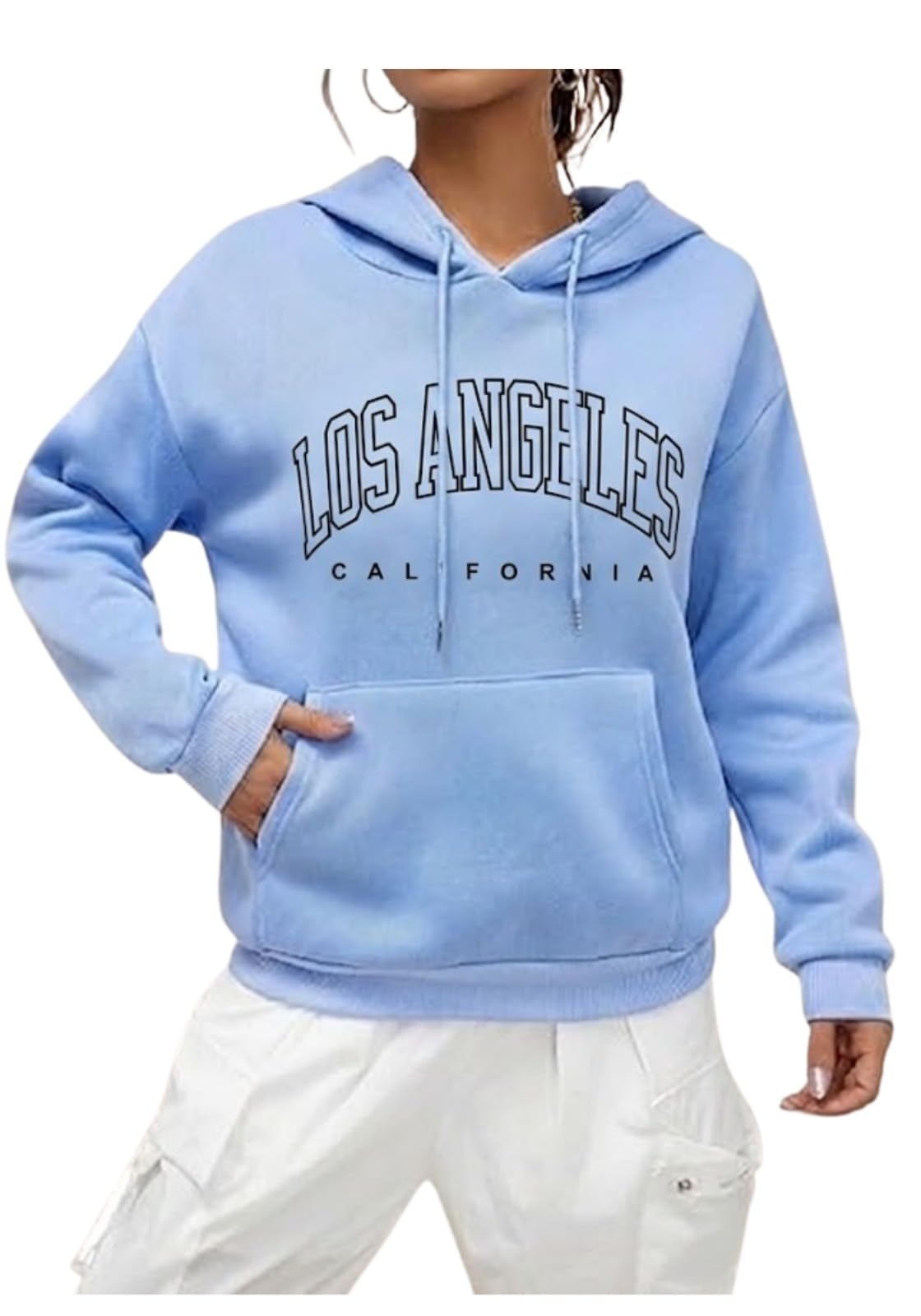 akar Women's Fleece Pullover Hoodie, Los Angeles California Print, Loose Fit, Soft and Warm, Sky Blue and Beige, Size S to XXL-picture-10