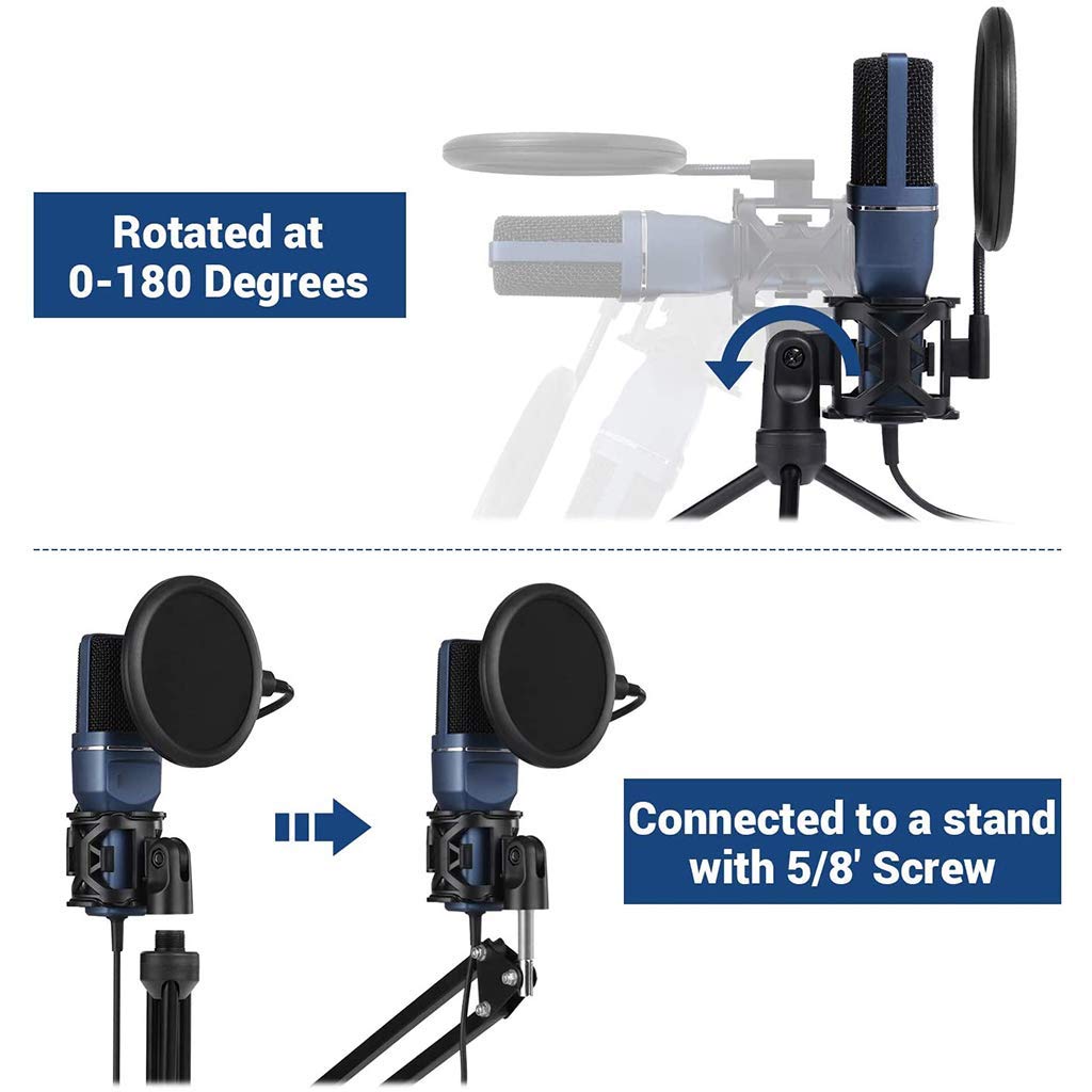 Microfono per PC, Microfono a condensatore USB per PC/Laptop Plug & Play con Filtro Anti-Pop a Doppio Strato e Supporto per treppiede per Registrazione in Studio, Trasmissione e gi,Blue