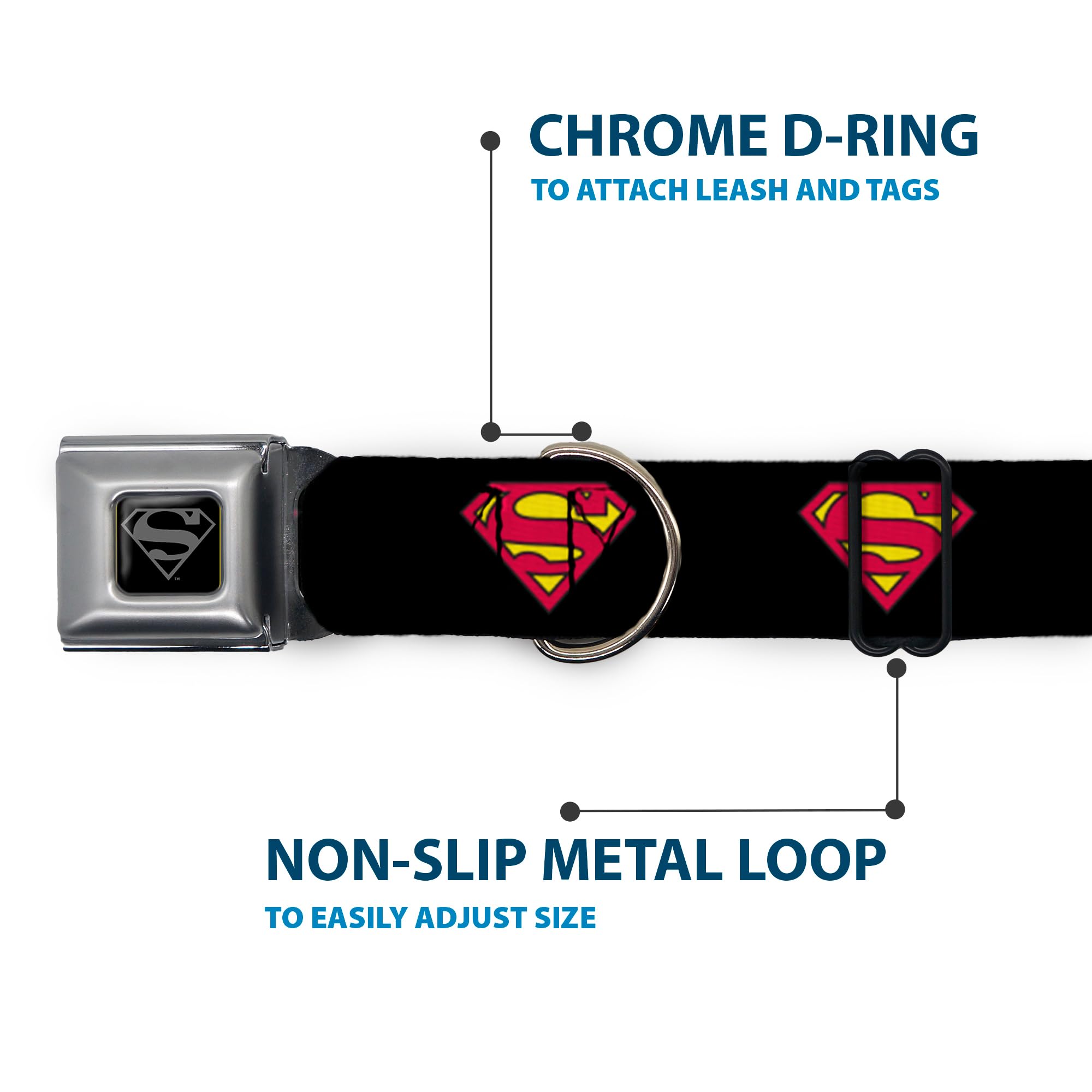 Buckle-Down Klamra pasa bezpieczeństwa obroża dla psa - Superman Shield Black - 3,8 cm szerokości - pasuje do szyi 45-81 cm - L