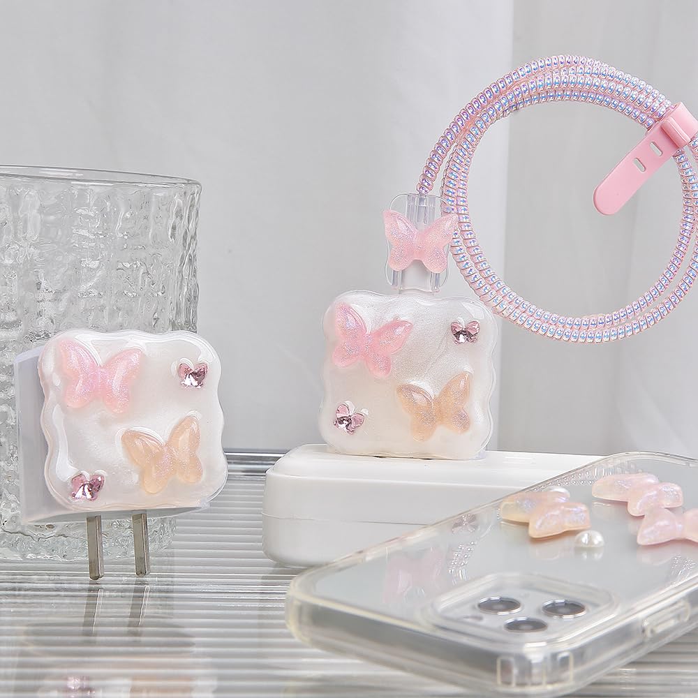 Cute Cable Protector For IPhone Charger,Glitter Pink Pattern With Butterfly Data Line Cable USB Wire Saver Charger Protector,Phone Charger Protector,Charging Cord Protector Cover For Women Girl