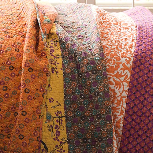 Image of Lush Decor Royal Empire Reversible Cotton Quilt Set, 3 Piece Set Full / Queen, Tangerine - Striped Bedding Set - Floral Quilt Queen Size - Orange Bedding - Boho Decor