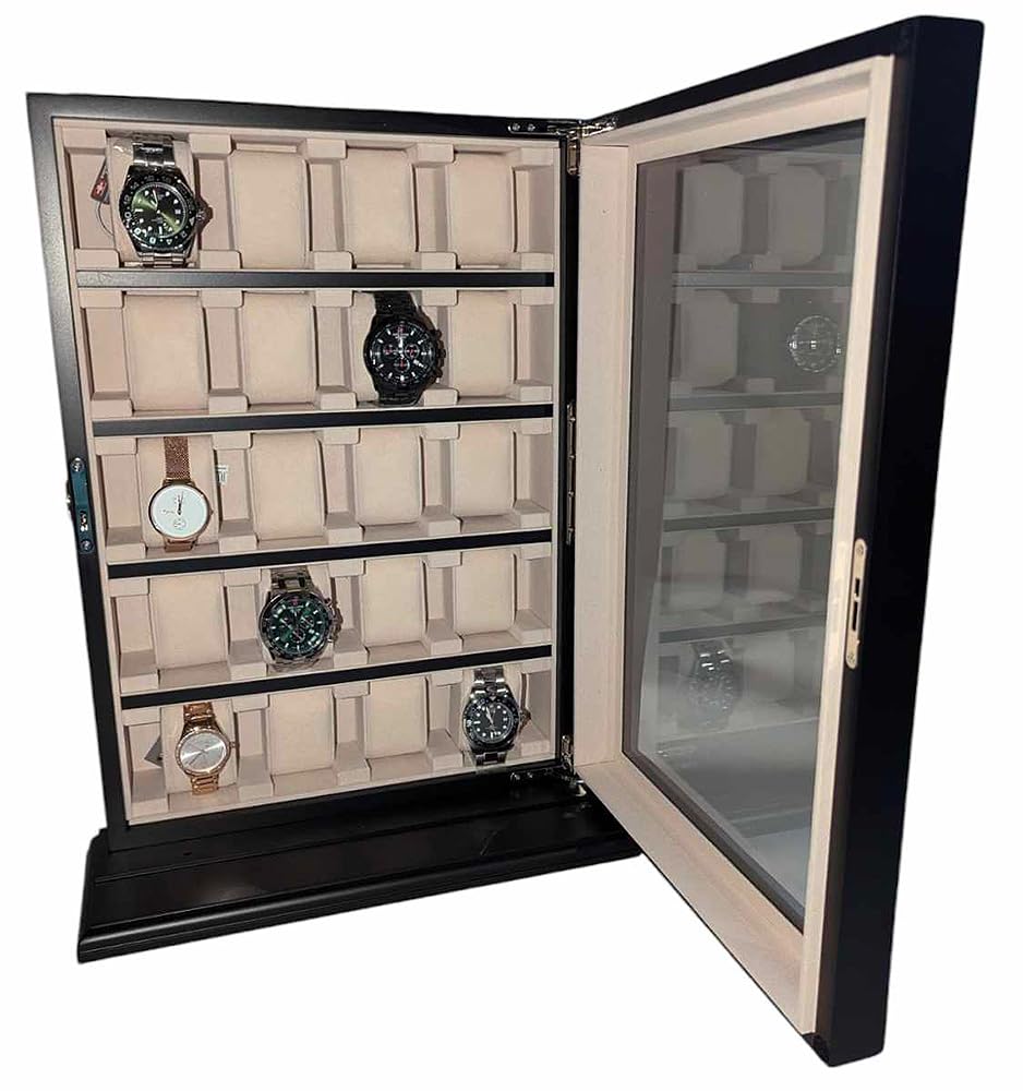 Uhrenvitrine Tischvitrine für 20 Uhren schwarz mit LED-Licht No.13