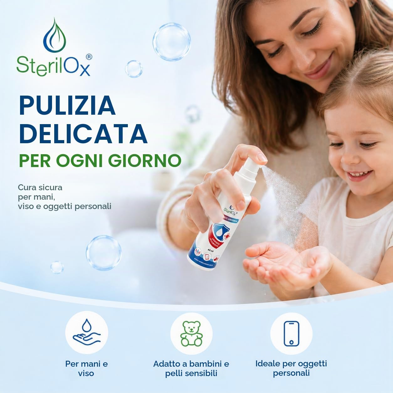 60 ml, spray cosmetico antisettico, per mani, giocattoli, piatti, oggetti, sicuro per bambini e animali domestici, senza alcool, senza profumo, con acido ipocloroso (HOCl)