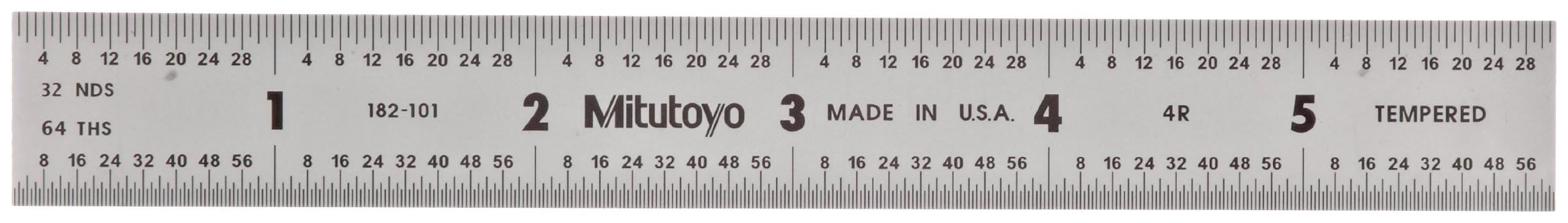 Mitutoyo 182-101, Steel Rule, 6" (4R), (1/8, 1/16, 1/32, 1/64"), 3/64" Thick X 3/4" Wide, Satin Chrome Finish Tempered Stainless Steel, Clear