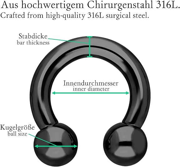 Treuheld® Schwarzes Hufeisen-Piercing – 1,0 Mm Stärke, 4 Größen, Aus Nickelfreiem Chirurgenstahl
