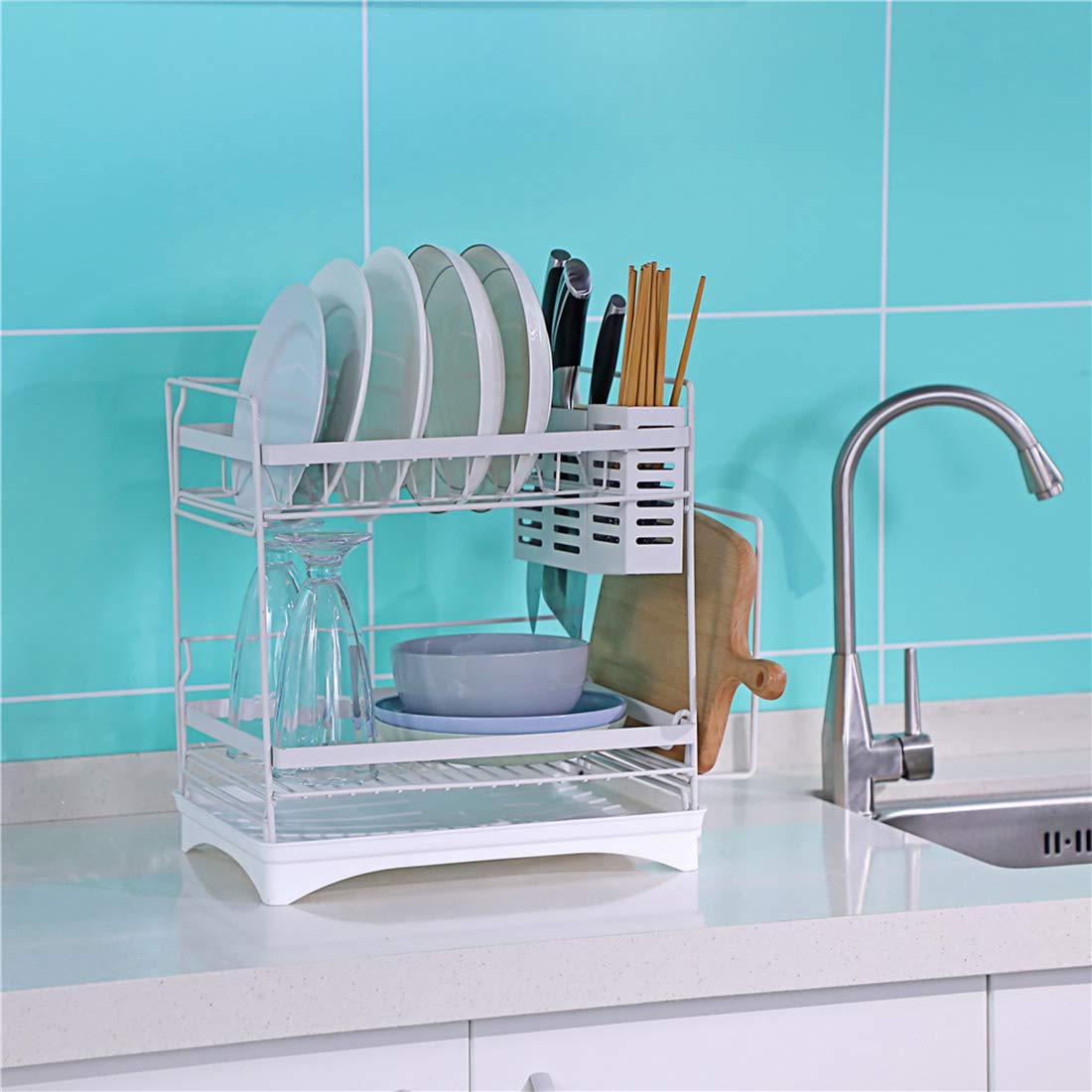 Escurridor de platos de 2 niveles, estante de secado de acero inoxidable y plástico con bandeja de goteo, escurridor de platos mediano blanco por Dish Rack.
