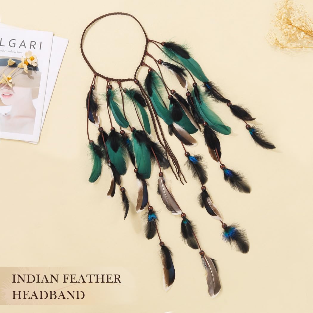 Zoestar Boho Feather Headband Indian Tribal Headpiece Feathers Tassel Hippie Headdress Festival Costume Hair Accessories for Women and Girls (A) - Image 3
