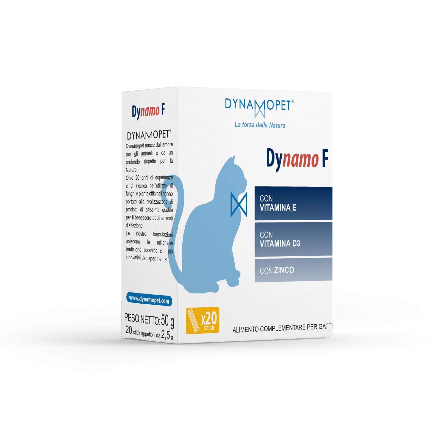 Dynamo F - Alimento Complementare per le Naturali Difese dell'Organismo di Gatti, Confezione 20 Stick da 2,5 g - uno Stick ogni 5 kg di Peso dell'Animale