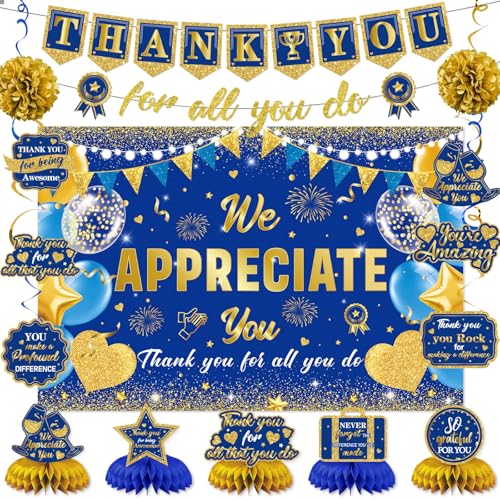 We Appreciate You Banner Decorations Blue Gold Thank You for All You Do Banner Backdrop Honeycomb Centerpiece Hanging Swirl Paper Pompom Employee Teacher Staff Pastor Appreciation Decorations