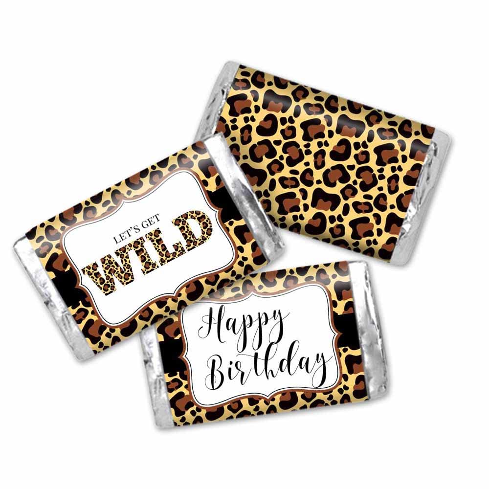 Leopard Print Wild Theme Birthday Party Mini Chocolate Candy Bar Sticker Wrappers for Kids, 45 Count 1.4 x 2.6 Inch Wrap Labels, Safari Party Favor Design, Made in USA by Amanda Creation