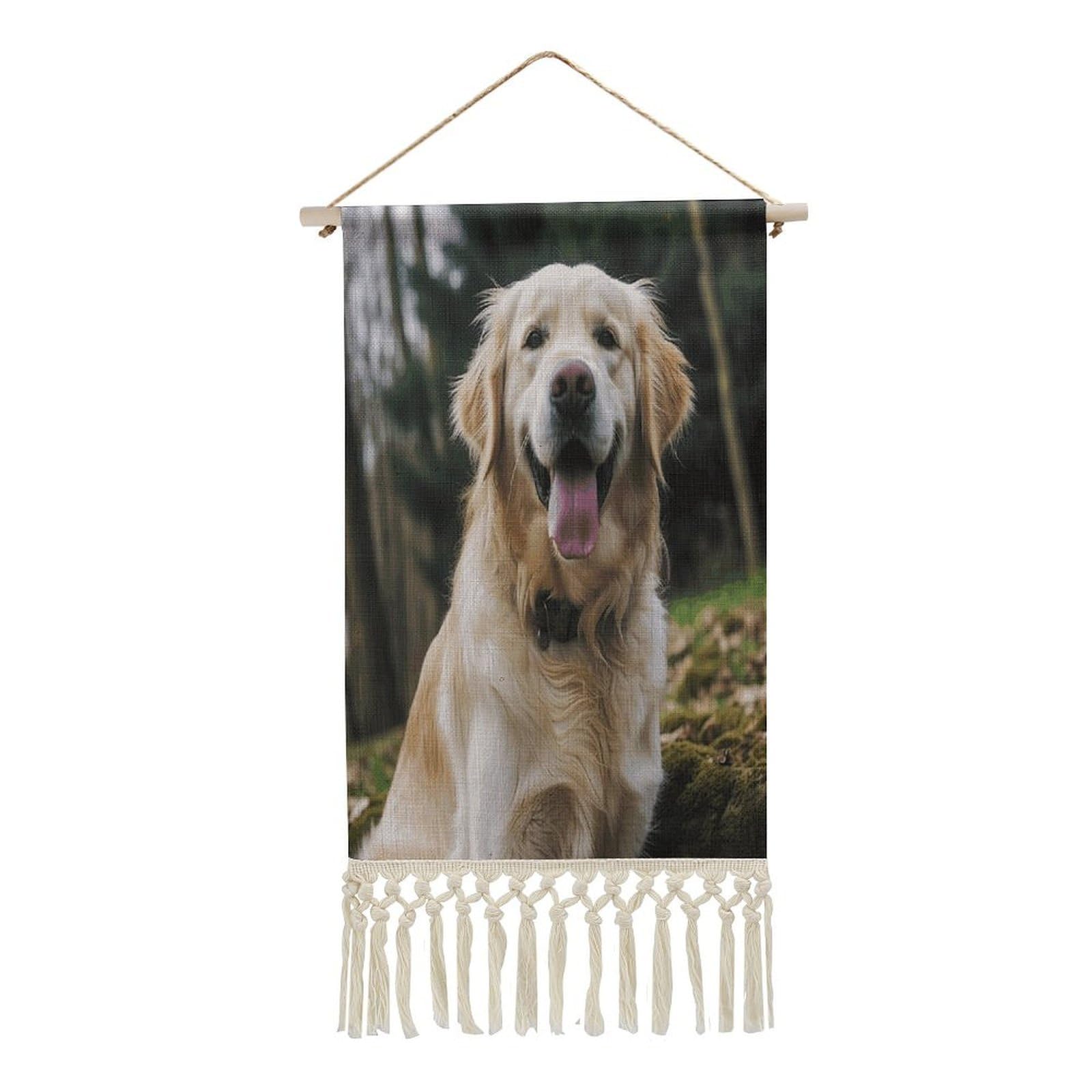 VstaDank Funny Golden Retriever Wall Art Decor with Tassels 20"x10" Cotton Linen Hanging Tapestry Decor Wall Art Prints Wood Frame Boho Wall Art Poster for Bedroom Living Room Office