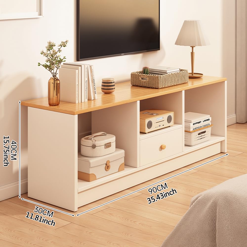 TV-Schrank 90cm, Moderner Fernsehschrank mit Schublade & 3 Fächern, Weiß-Holzoptik, Stabil & Platzsparend, für Wohnzimmer, Schlafzimmer