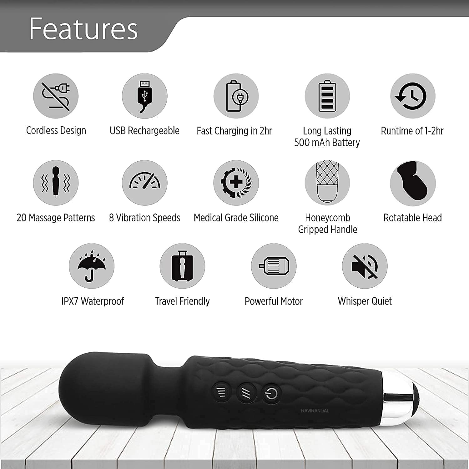 RaviRANDAL Rechirgageable Body Massager for women and men handed the waterproof vibrate wand massage machine with 20 vibration modes, battery powder, full body massage, multi -color (1 pack). RaviRANDAL Rechirgageable Body Massager for women and men handed the waterproof vibrate wand massage machine with 20 vibration modes, battery powder, full body massage, multi -color (1 pack).