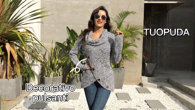 Maglione Donna Collo Alto Con Bottoni - Felpa Elegante Asimmetrica, Autunno/Inverno - Foto 9