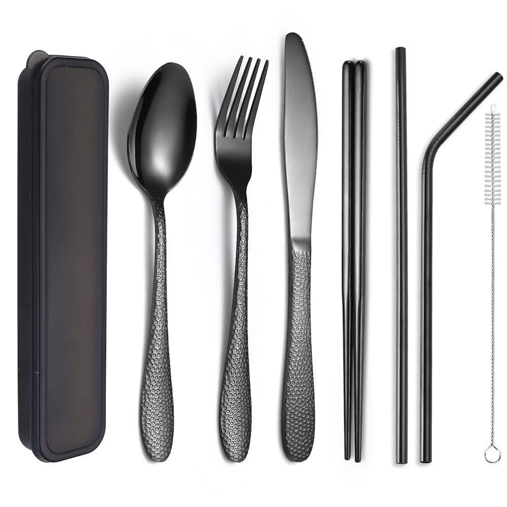 Tragbares Besteck-Set mit Box, Edelstahl, Essstäbchen, Gabel, Löffel, Grasmesser, Grasbürsten-Set, Reise, Camping, Schule, geeignet für 7-teilig (Color : 7Rose Golden) (7pcs Black)