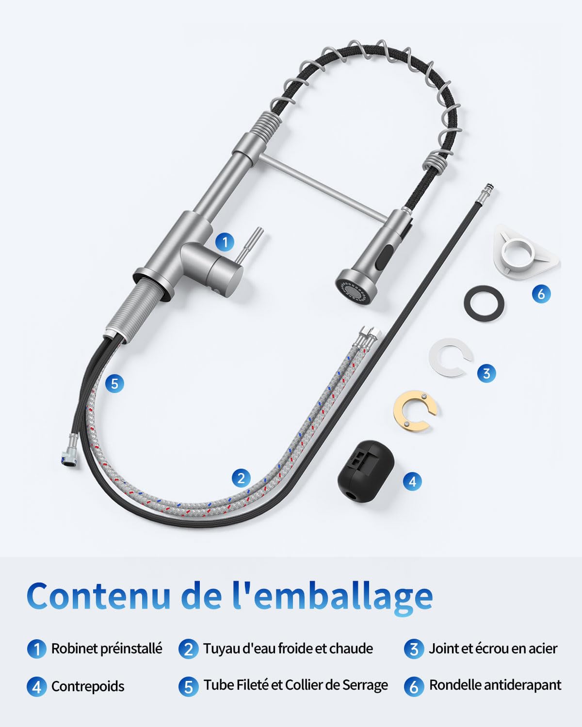 Robinet de Cuisine, Mitigeur de Cuisine Commercial à Ressort, Robinet à Simple Levier en Acier Inoxydable avec Bec Pivotant 360° et 2 Modes de Pulvérisation, Nickel Brossé