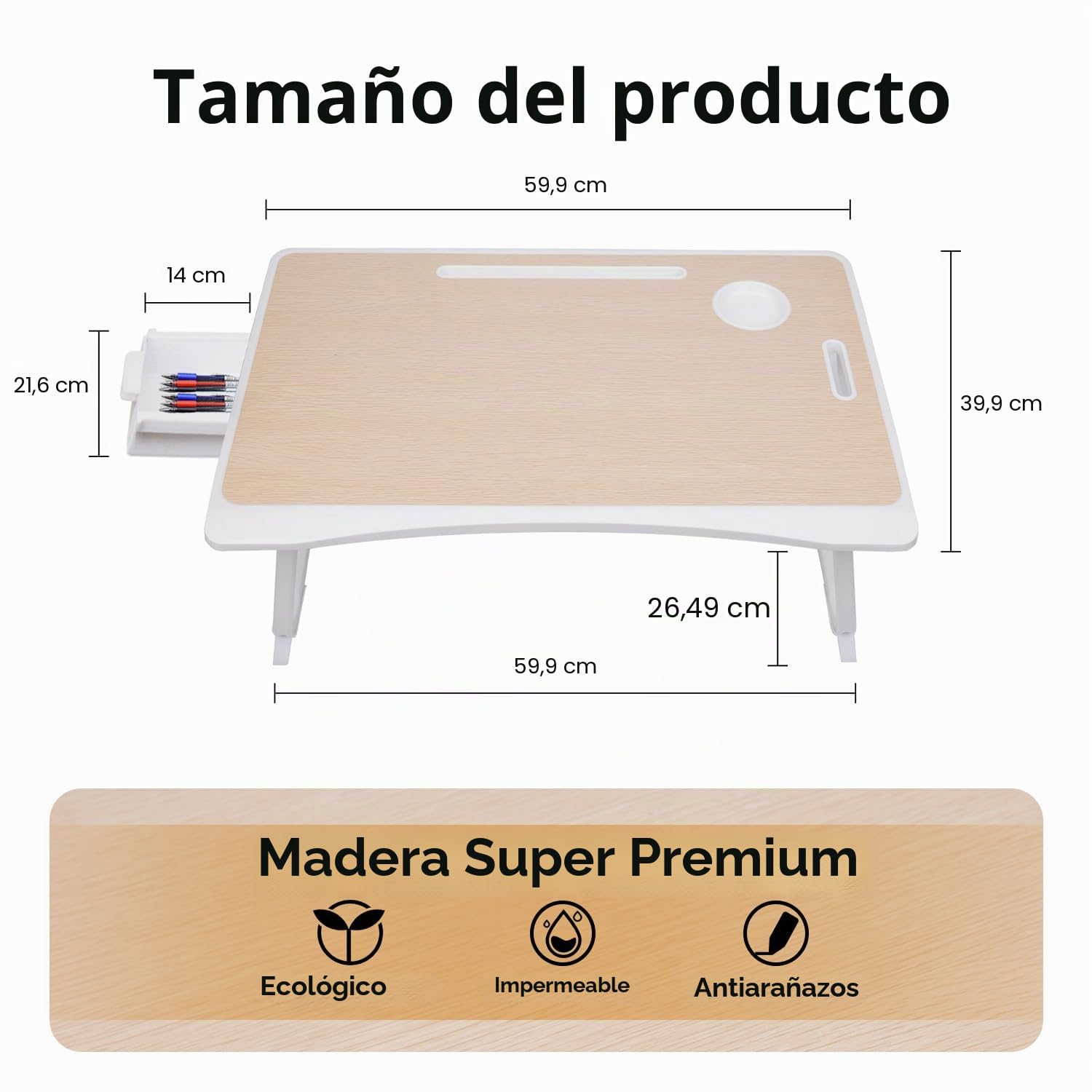 Amaredom Bandeja para Cama, Mesa Plegable de Desayuno, Ideal para Portátil, Ordenador y Libros, Ergonómica, con Cajón de Almacenamiento y Soporte para Tazas - Blanco