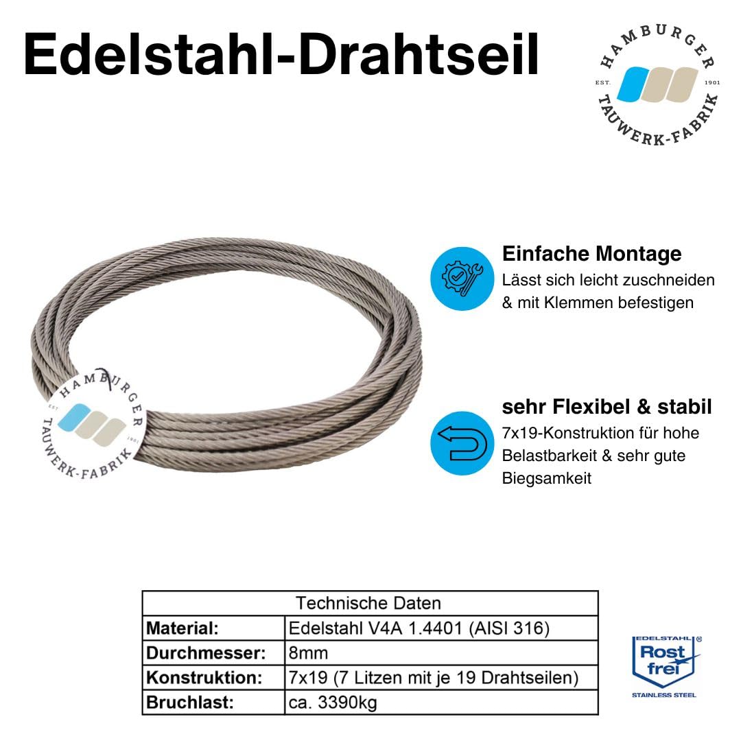 30 Meter - 8,0mm Edelstahldrahtseil 7x19 V4A Inox rostfrei Drahtseil Stahlseil Geländerseil