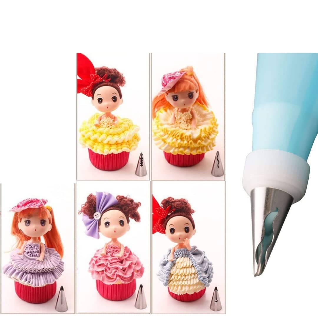 Set of 5 Pcs Heavy Stainless Steel Frill Russian Ruffle Doll Skirt Icing Piping Tips Nozzles with Silicone Piping Bag and Coupler Pastry Cake Cupcake Decorating Baking Tool