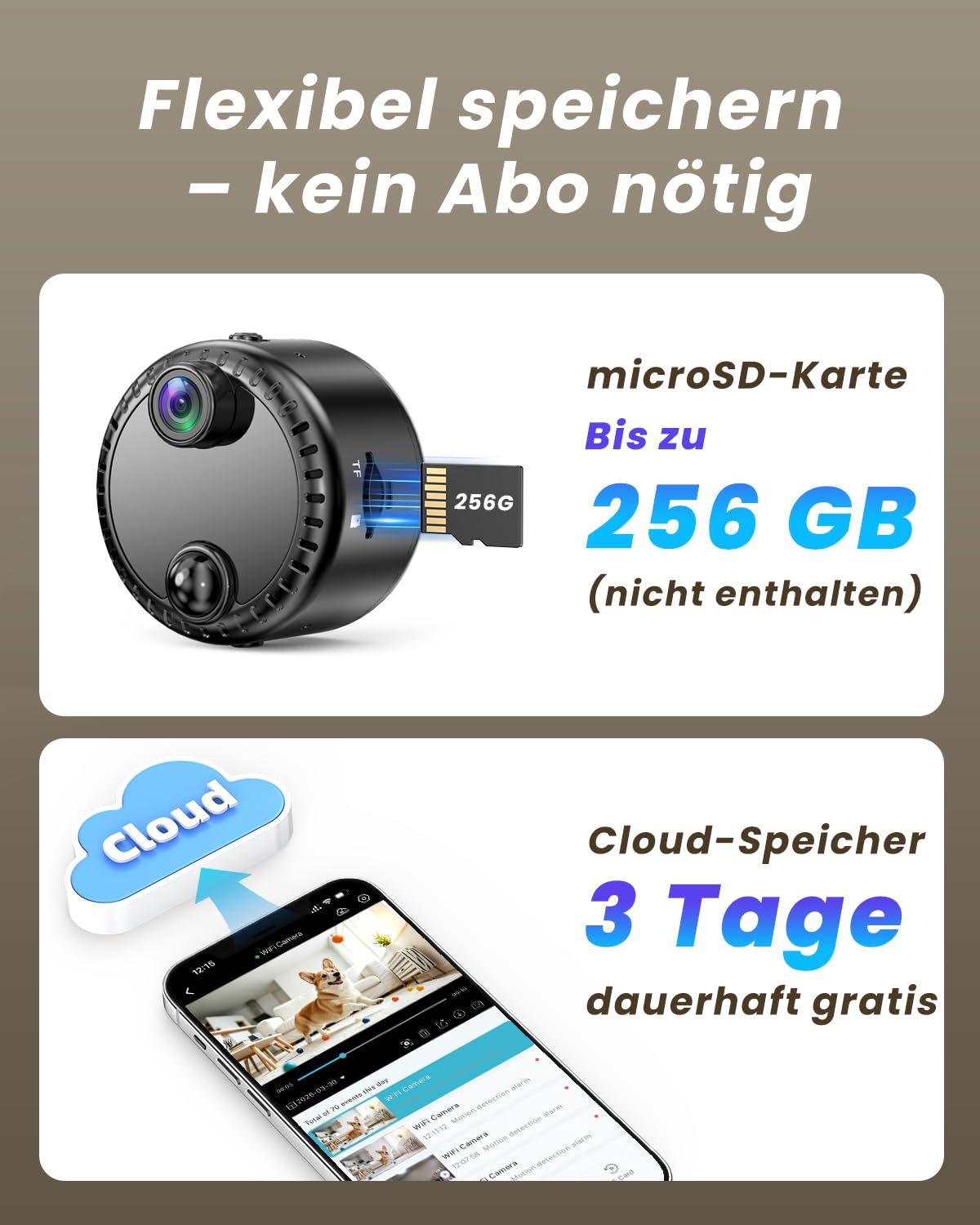Mini Kamera 4K WLAN Überwachungskamera innen kabellos mit Akku, 2,4/5 GHz WiFi, Live-Übertragung aufs Handy, KI-Personenerkennung, Bewegungsmelder, Nachtsicht, SD & Cloud Speicher