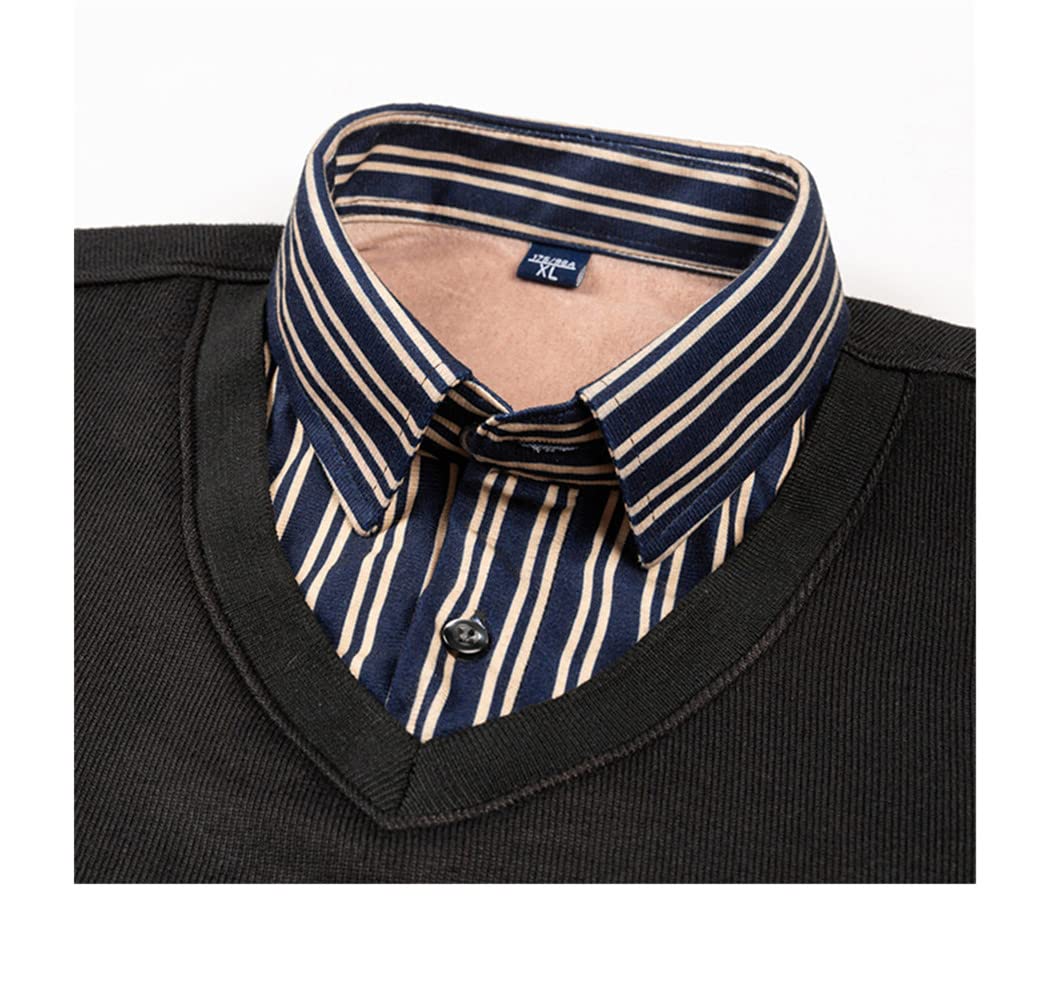 Uomo Casual Camicia Collo Pullover Slim Fit A Righe Cotone Maglioni Scollo a V Finto Due Pezzi Maglioni (B XL)