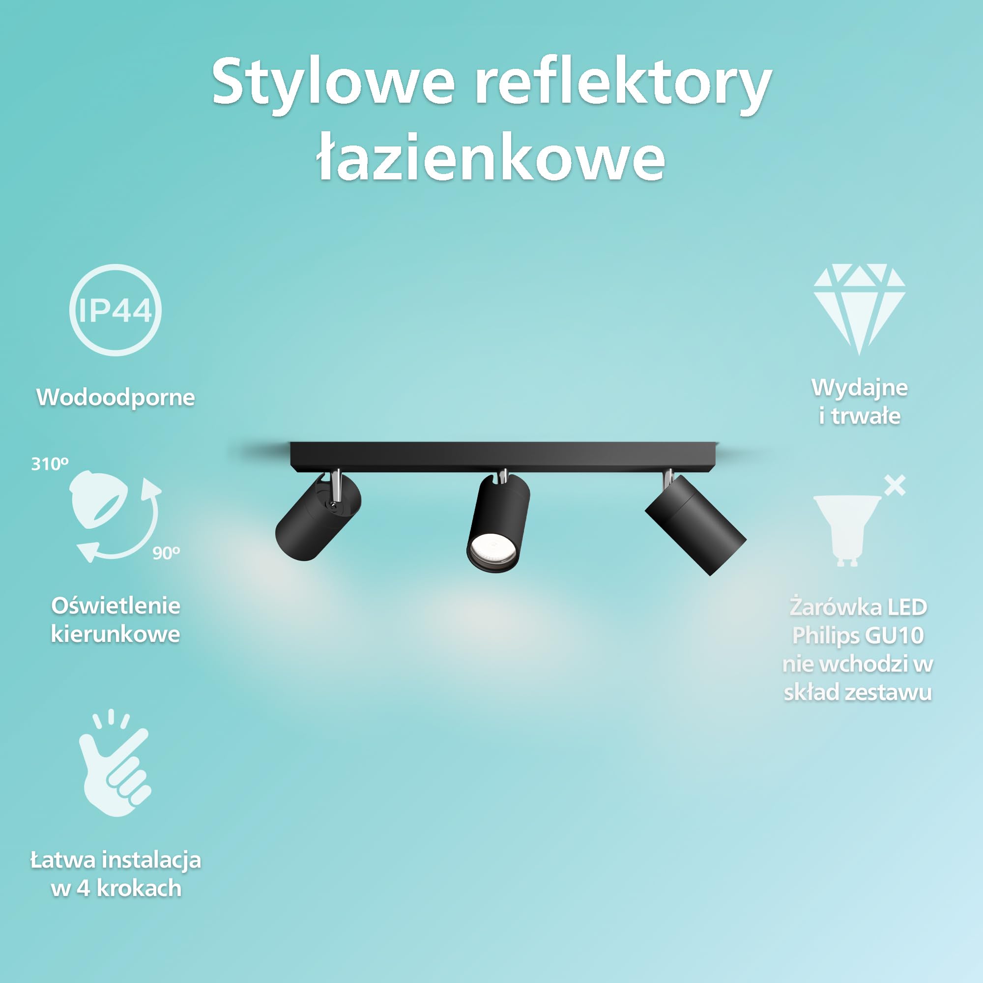 Philips LED Potrójny reflektor punktowy Idris, czarny, IP44, wodoodporny, żarówki GU10 nie wchodzą w skład zestawu