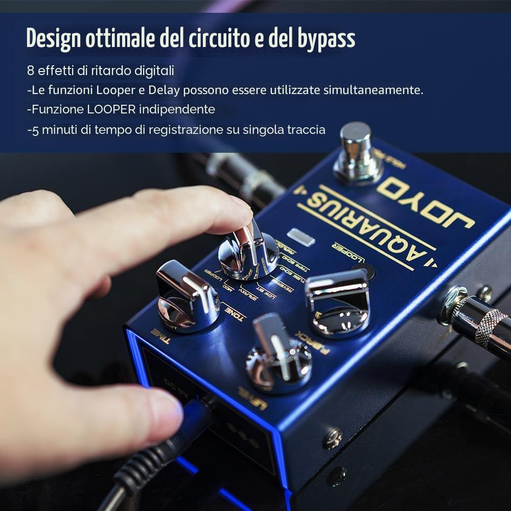 JOYO Pedale multi-mode Delay & Looper per chitarra, 8 effetti incl. Galaxy/Tape Echo con Tap Tempo e 5 min Loop, Bypass (Aquarius R-07)