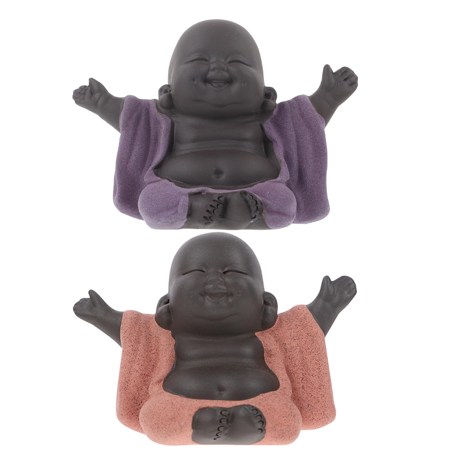 Statua di Buddha Maitreya Invita Pace e Fortuna in Argilla Viola 2 Pezzi Design Classico Elegante Decorazione da Tè e Scaffale per Casa e Meditazione