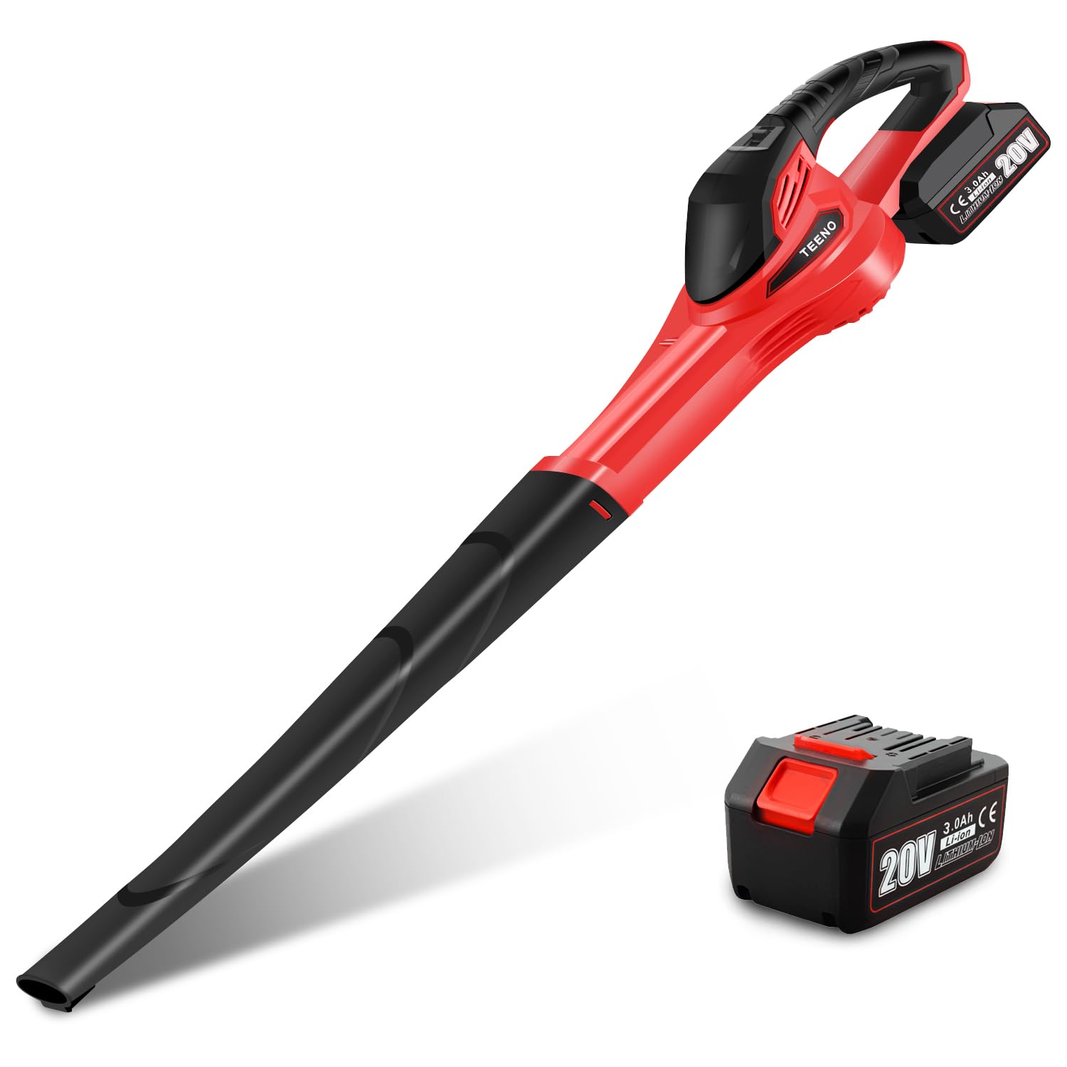 TEENO Akku-Laubbläser 20V 3.0Ah, Professional Laubbläser bis zu 288 km/h Blasgeschwindigkeit, Akku-Gebläse mit Akku und Ladegerät, Leaf Blower zum Schmutz & Blätter, abnehmbares Rohr
