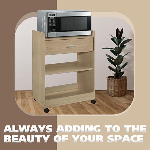 Miniatura 7 de Kings Brand Furniture - Armario de carrito de servicio de microondas para isla de cocina con cajón y estantes para almacenamiento (haya)