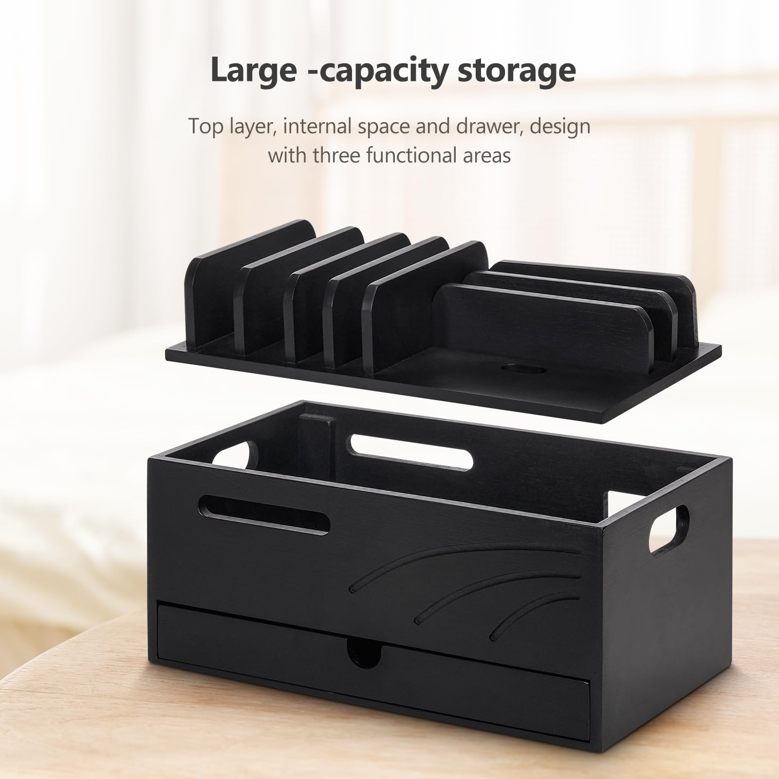 Homde Natural Bamboo Charging Station Rack for Multiple Devices Cable Cord Management Box Organizer Holder with 6 Slots Drawer for Chargers Phones Tablets Watches Electronics (Black)