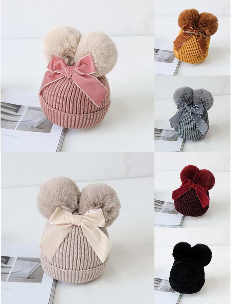 Toddler Double Pom Pom Hat, Winter Baby Thick Warm Comfortable Soft Knit Beanie with Bow