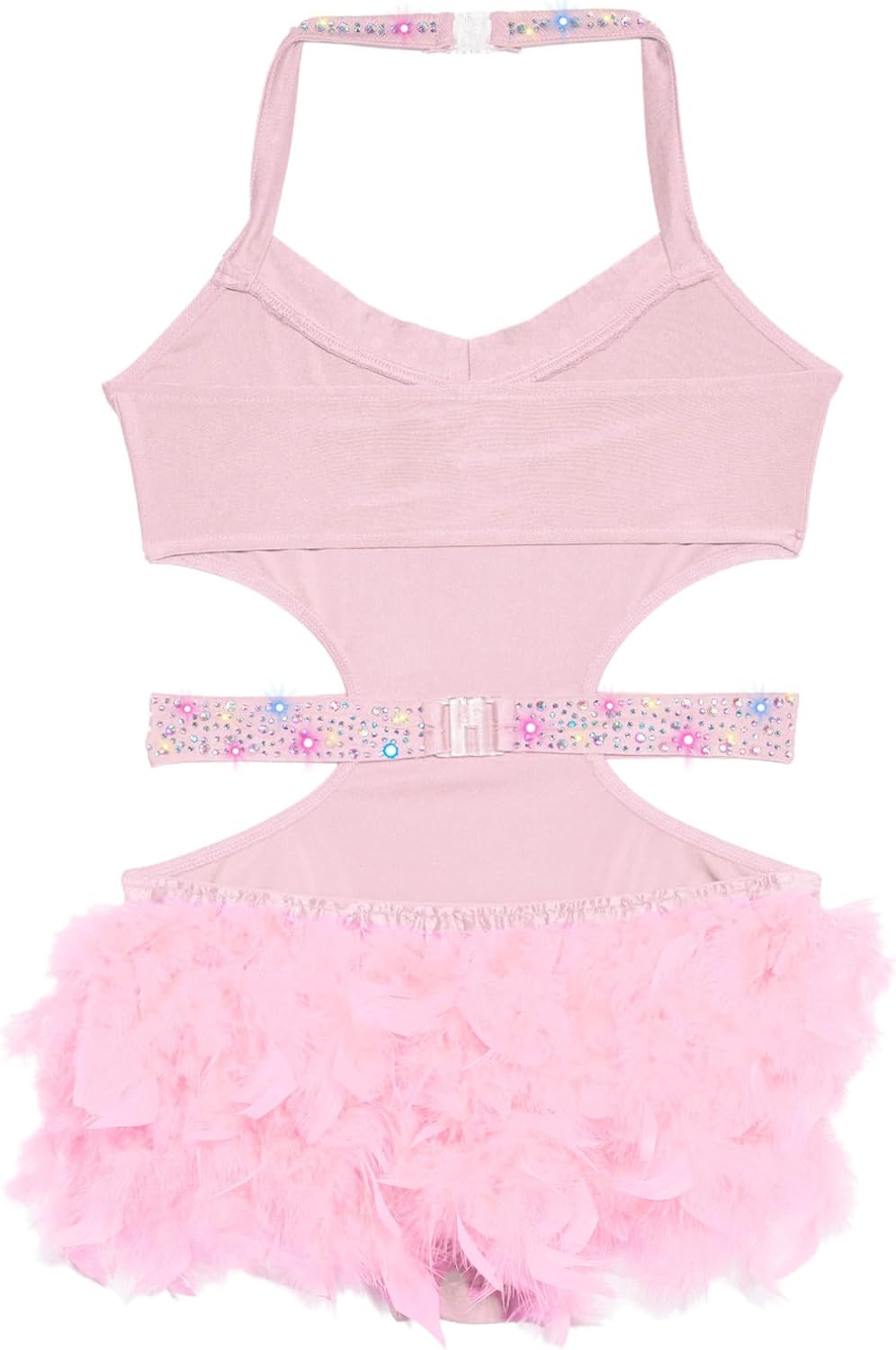 ranrann Kids Girls Feather Skirted Leotard Sleeveless Sparkly Fringe Bodysuit Rhinestone Latin Jazz Ballet Dance Outfit