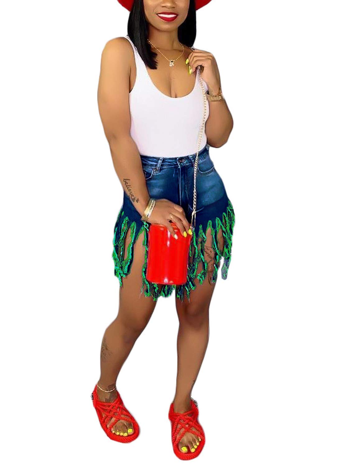 SIAEAMRG Women's Juniors Denim Shorts, High Waisted Frayed Raw Hem Tassels Short Pants Jeans