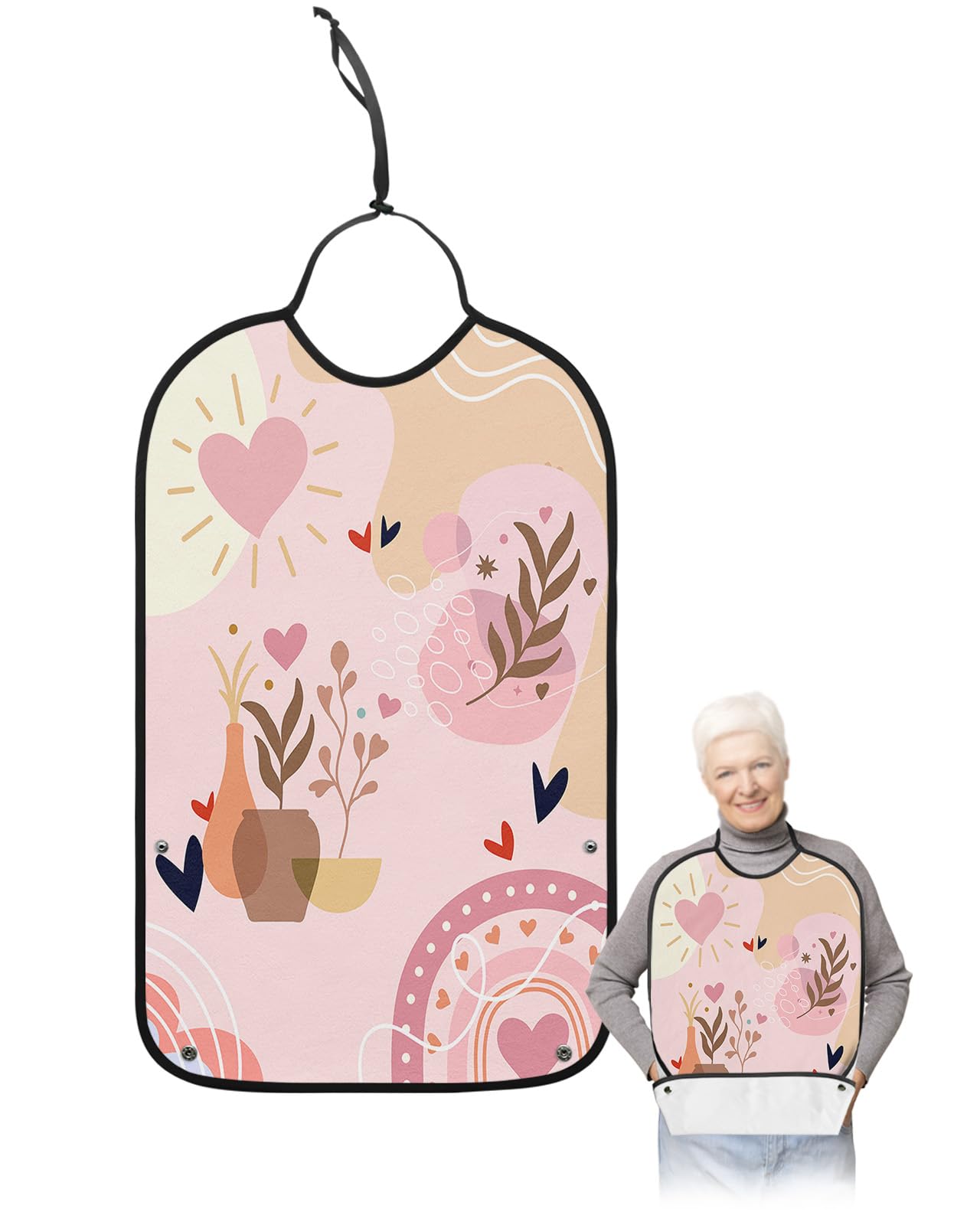 Bohemia Valentine's Adult Bib for Eating with Crumb Catcher,Washable & Waterproof Terry Cloth Adjustable Elderly Women Men Adult Bibs Funny Clothing Protector Modern Abstract Rose Love Leaves Plant