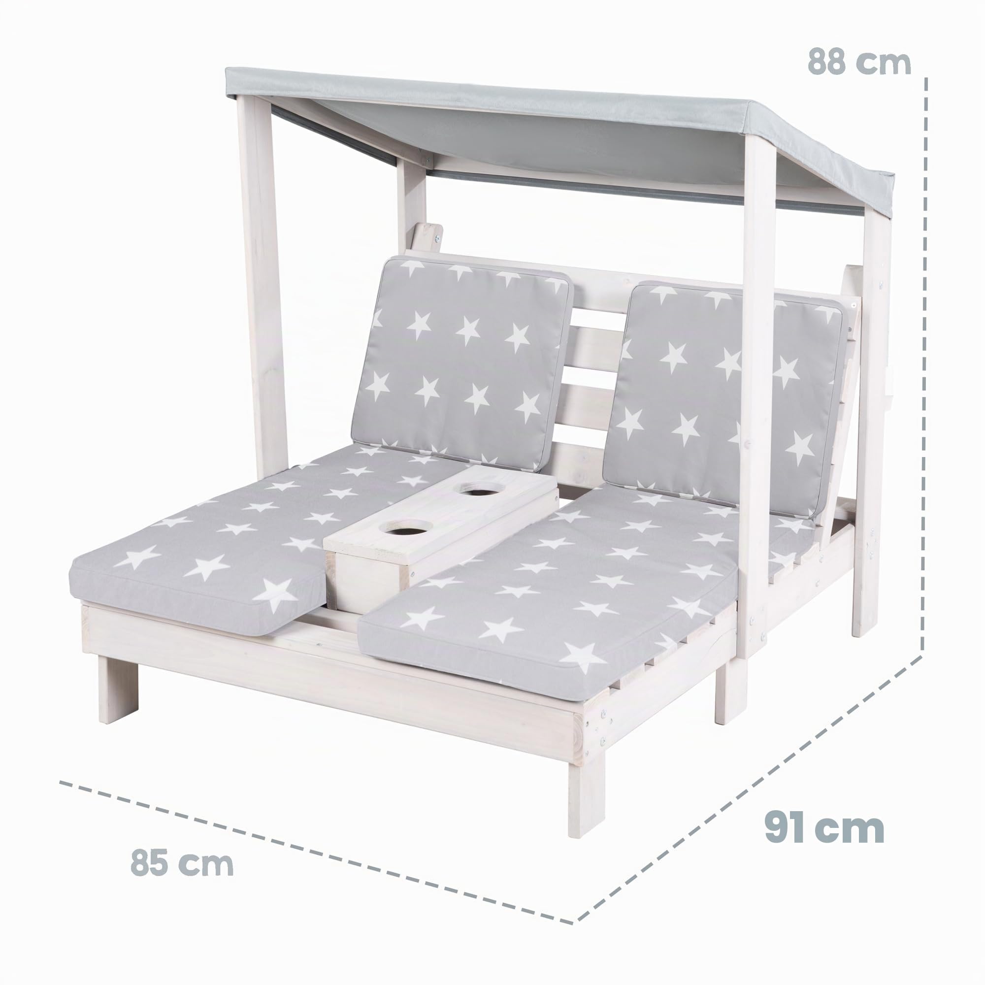 roba Tumbona Doble de Madera para Jardín - Sillón con Portavasos y Protección Solar - Adecuada para 2 Niños a Partir de 18 Meses - Resistente a la Intemperie - Gris