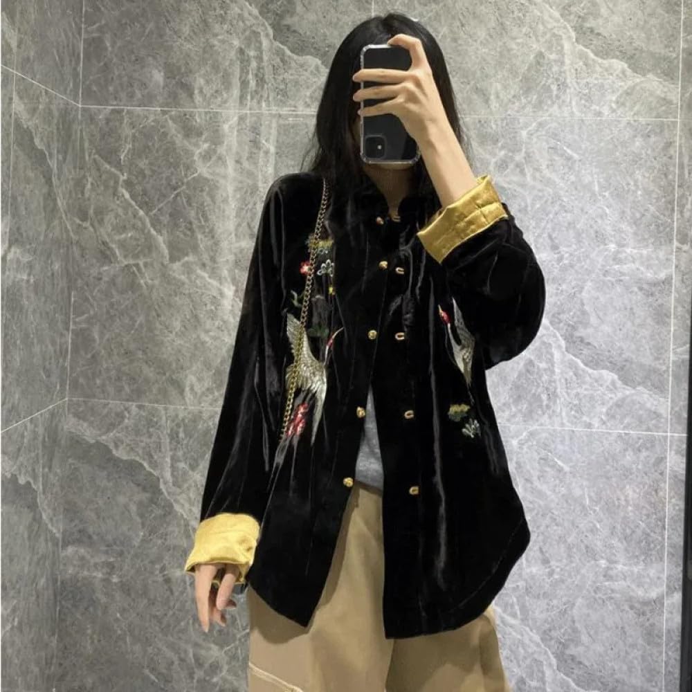 Chaqueta de Primavera de Estilo Chino para Mujer - Abrigo de Terciopelo Negro con Bordado Chino Chaquetas Informales Sueltas de Moda de Estilo Chino para Mujer Tops Ropa Étnica Vintage para Muje