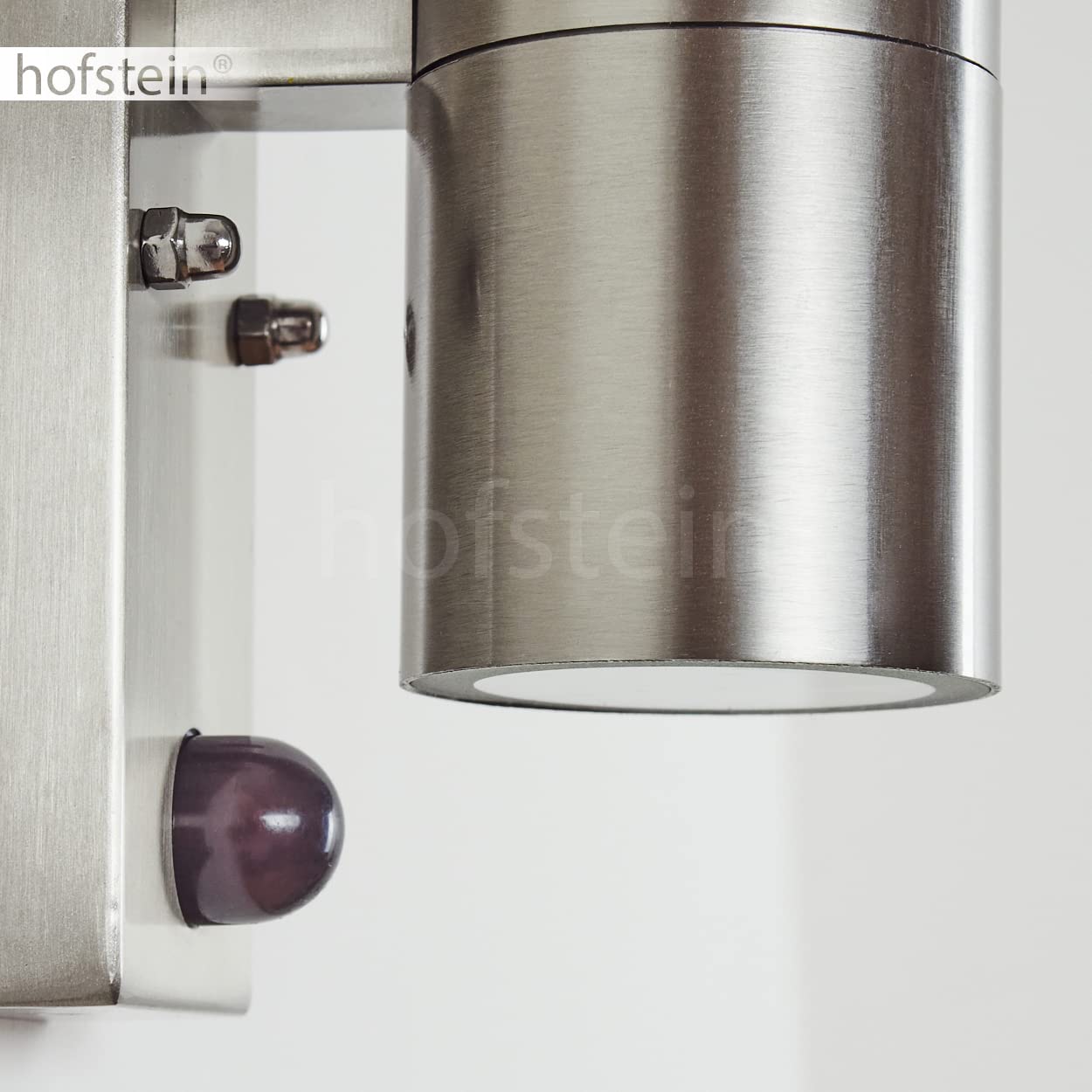 Applique murale d'extérieur Bessiebelle, lampe d'extérieur en métal/verre couleur inox/blanc, détecteur de mouvement, effet lumineux, pour terrasse/entrée, luminaire up&down, GU10, IP44, sans ampoules