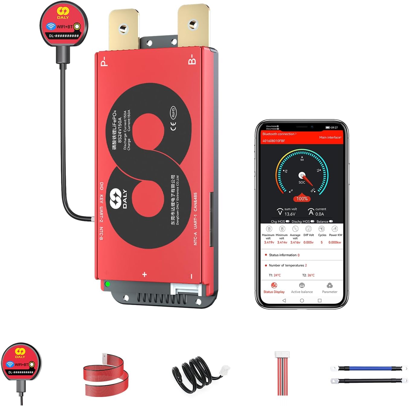 DALY Smart BMS 4S-16S 40A-500A with WiFi Module and CAN 485 Communication Protection Board for LifePO4 Lithium Battery Pack (Smart BMS 8S 24V,150A) DALY Smart BMS 4S-16S 40A-500A with WiFi Module and CAN 485 Communication Protection Board for LifePO4 Lithium Battery Pack (Smart BMS 8S 24V,150A)