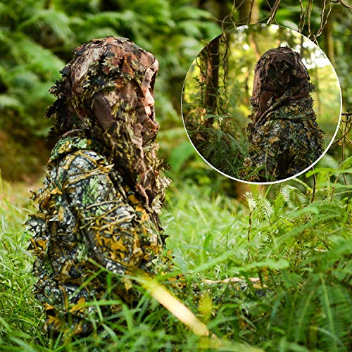 Ghillie Suit 3D Leafy Hooded Camouflage Clothing Outdoor Woodland Hunting Suit Sniper Costume Camo Outfit for Jungle Hunting, Military Game, Wildlife Photography, Halloween (Height 5.9-6.2 ft) - Thumbnail 5