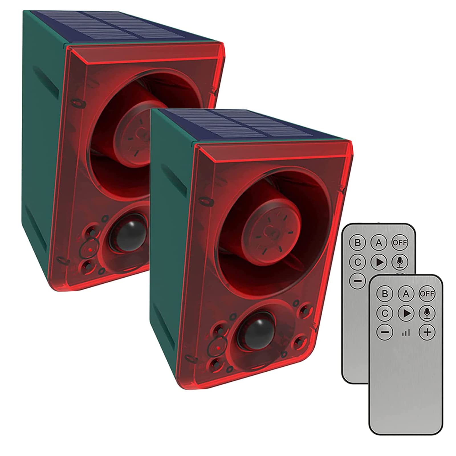 KINGCOO Alarme Solaire de Sécurité Extérieur, étanche Lumières Solaires Stroboscopiques,130db Coup de feu du Son Sound Aboiement de Chien Système pour Maison Cultiver Grange Villa Cour (2pcs)