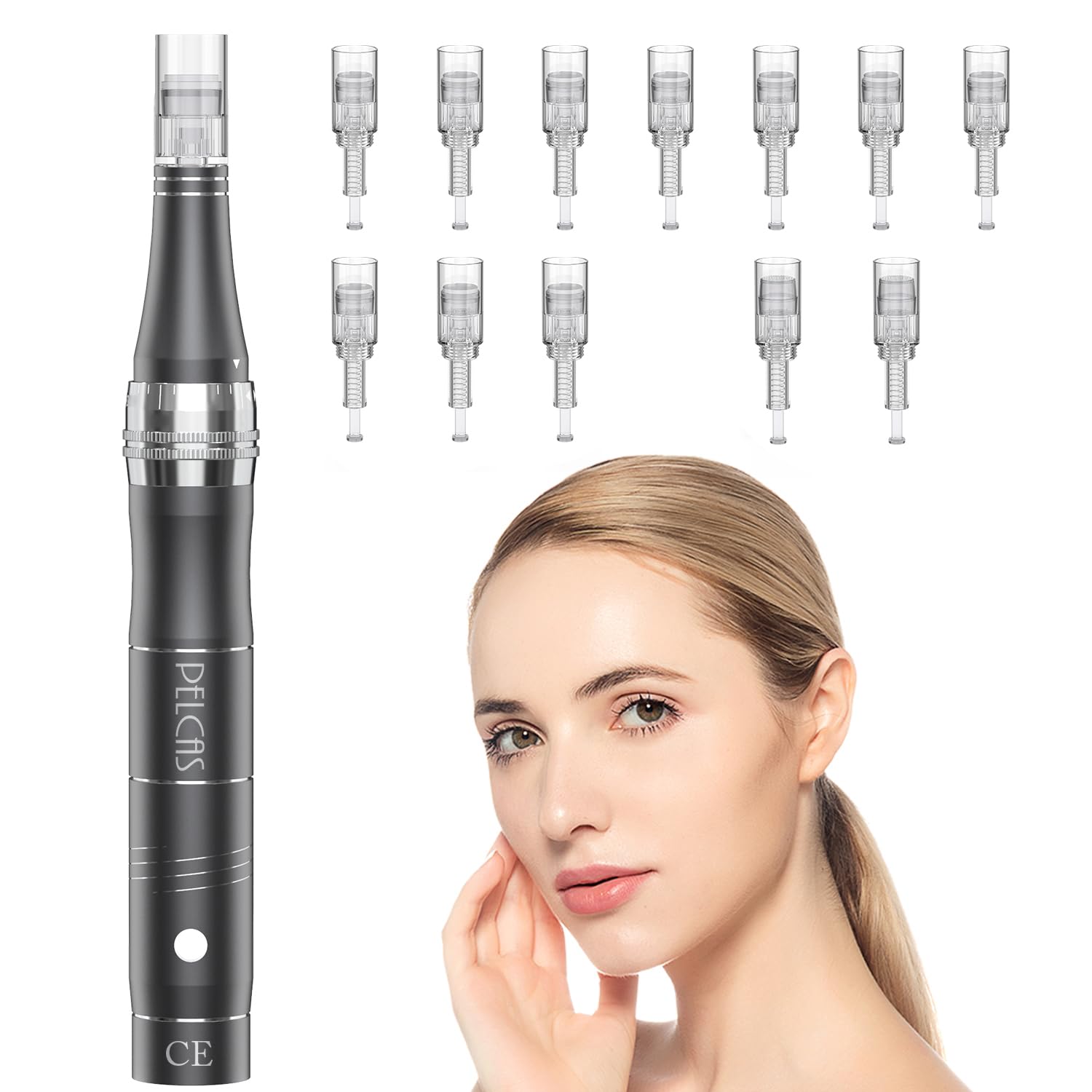 PELCAS Derma pen Elektrischer Mikroneedling Schönheit Pen Mikronadelstift Wiederaufladbar Verstellbar Länge mit 3 Geschwindigkeiten 12 Ersatzköpfe Tragbares Microneedling Gerät für Gesicht Haut Grau