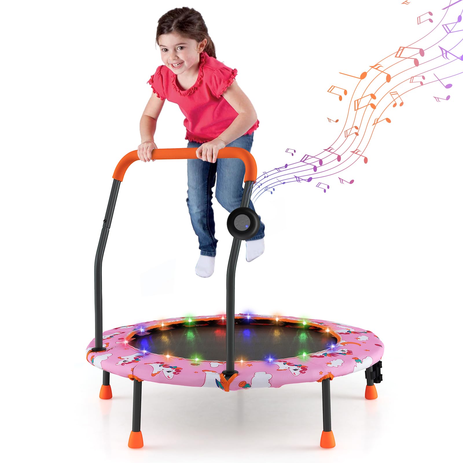 GYMAX Toddler Trampoline, 36” Trampoline for Kids with Lights n Music, Removable Blue Tooth Speaker & Safety Handle, Easy Assembly Mini Trampoline Outdoor Indoor, Baby Jumping Mat (Pony)