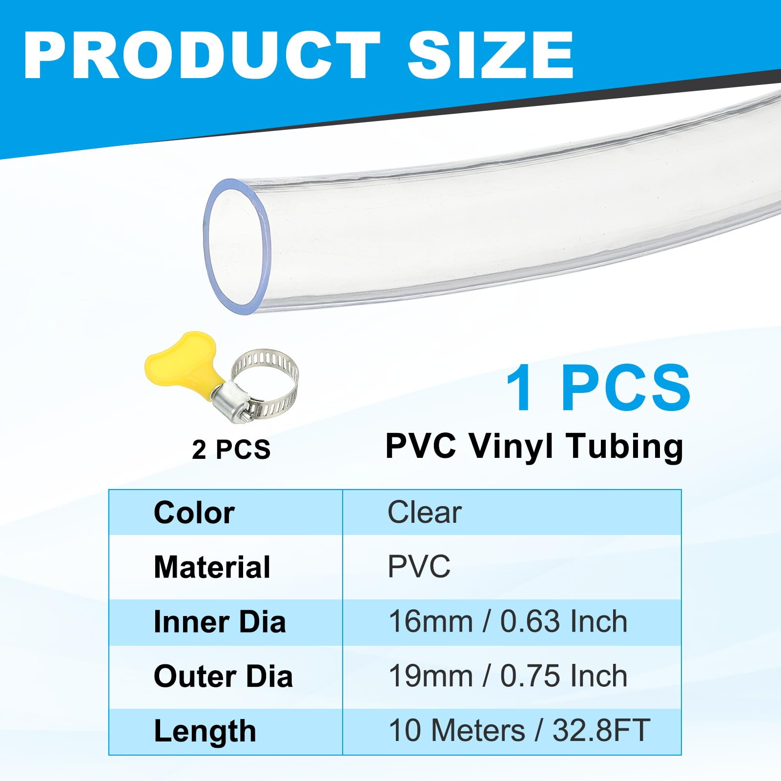 PATIKIL 1Pz Tubo PVC Plastica, 16mm x 19mm x 10 m Tubo Flessibile Trasparente in Vinile con Fascette Stringitubo, Tubi Silicone Gomma Morbido per Acquari Industriali Multiuso in Vinile