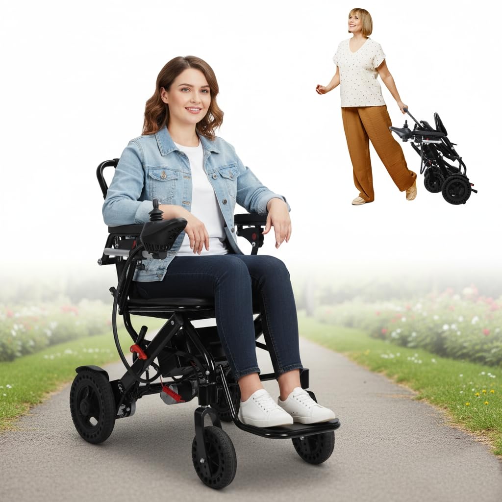 Silla de ruedas eléctrica ligera y plegable para adultos, silla de ruedas motorizada portátil, motores de 500 W, alcance de hasta 12 millas, apta para aerolíneas, marco de aleación de aluminio (negro