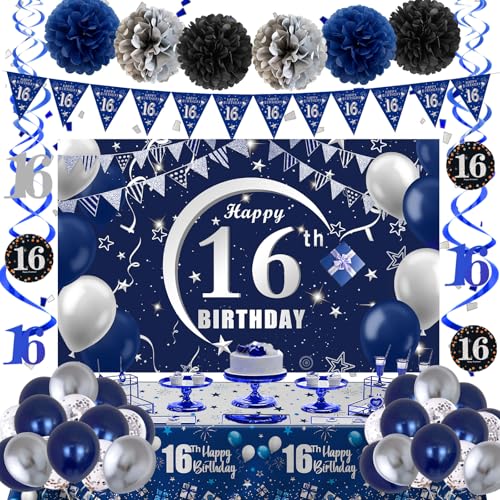 16th Birthday Decorations Boy Girl, 16th Birthday Banner for Boys Backdrop Balloons Blue and Silver, Happy 16 Bday Decorations Banners Tablecover Triangle Flag, 16 Year Old Bday Gifts Party Supplies